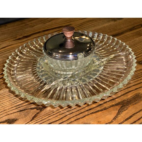 Kromex 12” Lazy Susan, 4-part Divided Glass Tray & Covered Bowl on Chrome Server - Picture 1 of 9